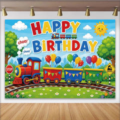 Lofaris Vibrant Cartoon Train Birthday Backdrop with Colorful Balloons, Cute Railway Scene Background for Kids Party Decoration