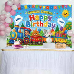Lofaris Colorful Cartoon Train Birthday Backdrop with Animals and Balloons, Vibrant Party Background for Kids Party and Photoshoot