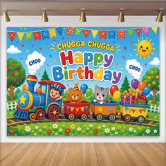 Lofaris Colorful Cartoon Train Birthday Backdrop with Animals and Balloons, Vibrant Party Background for Kids Party and Photoshoot