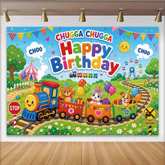 Lofaris Happy Birthday Cartoon Train Backdrop with Cute Animals, Colorful Festive Background for Children's Party Decoration