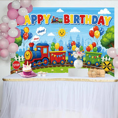 Lofaris Vibrant Cartoon Train Birthday Backdrop with Colorful Balloons, Cheerful Photo Background for Kids Party Decor