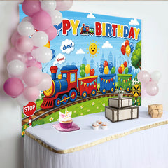 Lofaris Vibrant Cartoon Train Birthday Backdrop with Colorful Balloons, Cheerful Photo Background for Kids Party Decor