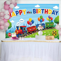 Lofaris Colorful Cartoon Train Happy Birthday Backdrop with Balloons and Green Hills, Vibrant Party Photography Background for Kids Celebration