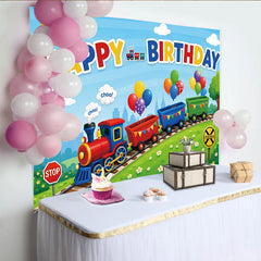 Lofaris Colorful Cartoon Train Happy Birthday Backdrop with Balloons and Green Hills, Vibrant Party Photography Background for Kids Celebration