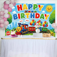 Lofaris Colorful Cartoon Train Birthday Backdrop with Balloons and Sunny Sky, Vibrant Party Decor for Kids Photoshoot and Celebration