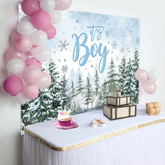 Its A Boy Snowy Forest Trees Baby Shower Backdrop