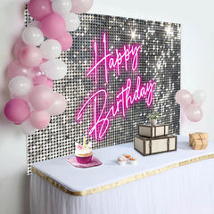 Silver Sequins Pink Neon Happy Birthday Backdrop