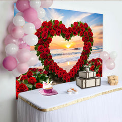 Lofaris Beach Sunset Wedding Backdrop, Red Rose Heart Arch and Ocean Waves for Romantic Party