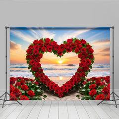 Lofaris Beach Sunset Wedding Backdrop, Red Rose Heart Arch and Ocean Waves for Romantic Party