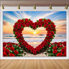 Lofaris Beach Sunset Wedding Backdrop, Red Rose Heart Arch and Ocean Waves for Romantic Party