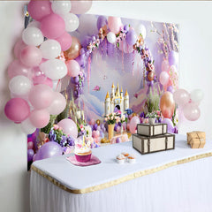 Lofaris Dreamy Balloon Castle Backdrop, Purple and Pink Arch for Birthday Cake Smash