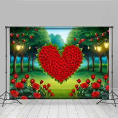 Lofaris Enchanted Forest Heart Backdrop, Red Rose Heart and Fairy Lights for Valentines Party