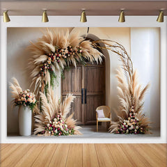 Lofaris Vintage Door Boho Backdrop, Pampa Grass Arch and Floral Arrangements for Rustic Wedding