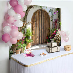 Lofaris Sunny Courtyard Door Backdrop, Arch Wood Door and Potted Plants for Spring Decor