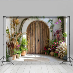 Lofaris Sunny Courtyard Door Backdrop, Arch Wood Door and Potted Plants for Spring Decor