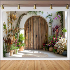Lofaris Sunny Courtyard Door Backdrop, Arch Wood Door and Potted Plants for Spring Decor