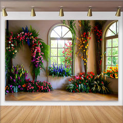 Lofaris Indoor Floral Wall Backdrop, Bright Windows and Tulip Arrangements for Spring Decor