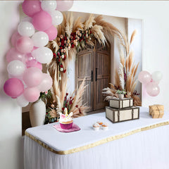 Lofaris Barn Door Floral Backdrop, Pampa Grass Arch and Rose Arrangements for Rustic Party