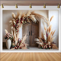Lofaris Barn Door Floral Backdrop, Pampa Grass Arch and Rose Arrangements for Rustic Party