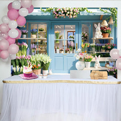 Lofaris Spring Flower Shop Photography Backdrop, Blue Storefront and Bunny Photo Background