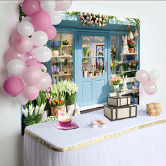Lofaris Spring Flower Shop Photography Backdrop, Blue Storefront and Bunny Photo Background