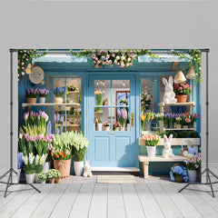 Lofaris Spring Flower Shop Photography Backdrop, Blue Storefront and Bunny Photo Background