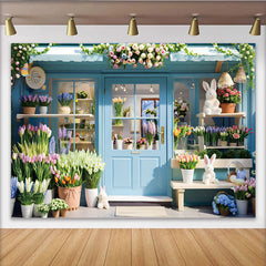 Lofaris Spring Flower Shop Photography Backdrop, Blue Storefront and Bunny Photo Background