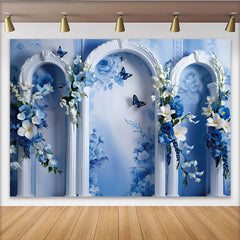 Lofaris Blue Rose Garden Fine Art Backdrop, White Ornate Arch Photography Background