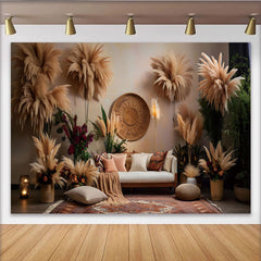 Lofaris Boho Living Room Set Backdrop, Pampas Grass and Ethnic Decor Photography Background