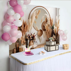 Lofaris Boho Living Room Photography Backdrop, Pampas Grass and Mirror Interior Photo Background