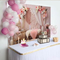 Lofaris Romantic Boho Macrame Photography Backdrop, Pink Flowers and Candlelight Photo Background