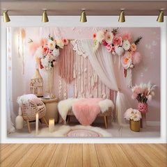 Lofaris Romantic Boho Macrame Photography Backdrop, Pink Flowers and Candlelight Photo Background