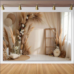 Lofaris Boho Pampas Grass Arch Photography Backdrop, Rustic Window and Flowers Photo Background