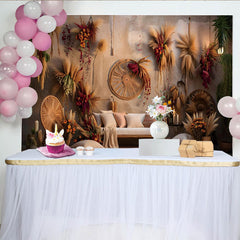 Lofaris Boho Home Interior Photography Backdrop, Pampas Grass Wall Art and Sofa Photo Background
