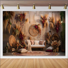 Lofaris Boho Home Interior Photography Backdrop, Pampas Grass Wall Art and Sofa Photo Background