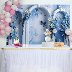 Lofaris Fine Art Blue Floral Dream Backdrop, White Ornate Arch and Butterfly Photography Background