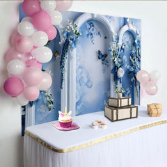 Lofaris Fine Art Blue Floral Dream Backdrop, White Ornate Arch and Butterfly Photography Background
