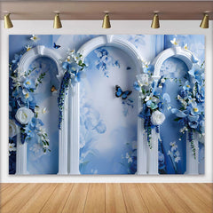 Lofaris Fine Art Blue Floral Dream Backdrop, White Ornate Arch and Butterfly Photography Background
