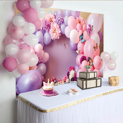 Lofaris Purple and Pink Balloon Photography Backdrop, Floral and Butterfly Party Photo Background