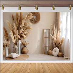 Lofaris Boho Living Room Photography Backdrop, Pampas Grass and Wicker Decor Photo Background