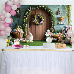 Lofaris Easter Garden Door Photography Backdrop, Bunny and Colorful Eggs Photo Background