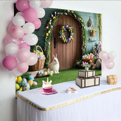 Lofaris Easter Garden Door Photography Backdrop, Bunny and Colorful Eggs Photo Background