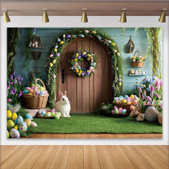 Lofaris Easter Garden Door Photography Backdrop, Bunny and Colorful Eggs Photo Background