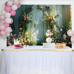 Lofaris Spring Garden Villa Photography Backdrop, Blue Ornate Door and Floral Photo Background