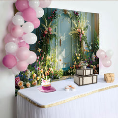 Lofaris Spring Garden Villa Photography Backdrop, Blue Ornate Door and Floral Photo Background