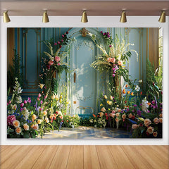 Lofaris Spring Garden Villa Photography Backdrop, Blue Ornate Door and Floral Photo Background
