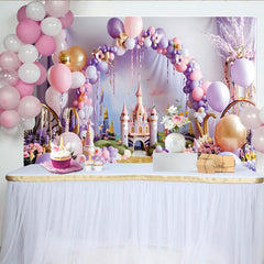 Lofaris Fairytale Pink Castle Photography Backdrop, Princess Balloon Arch Photo Background