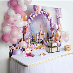 Lofaris Fairytale Pink Castle Photography Backdrop, Princess Balloon Arch Photo Background