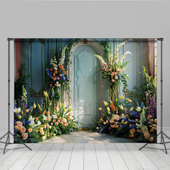 Lofaris Spring Garden Door Photography Backdrop, Blue Interior and Floral Photo Background