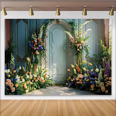 Lofaris Spring Garden Door Photography Backdrop, Blue Interior and Floral Photo Background